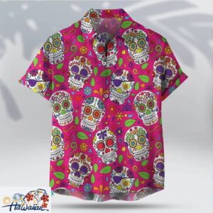 Pink Sugar Skull Day of the Dead Unisex Hawaiian Halloween Tee Trendy Aloha 1