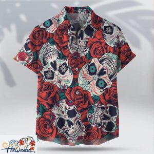 Retro Sugar Skull Roses Unisex Hawaiian Halloween Aloha Tee Trendy Aloha 1