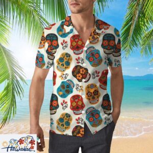 Sugar Skull Pattern Casual Halloween Unisex Hawaiian Aloha Shirt Trendy Aloha 1