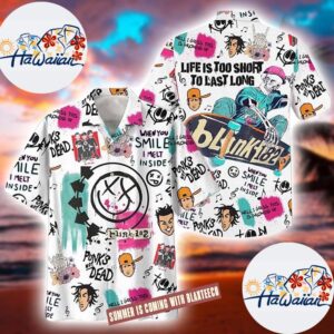 Blink 182 Life Is Too Short To Last Long All Over Symbols 2025 White Summer Hawaiian Shirt 1